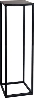 A black metal plant stand on a white background.