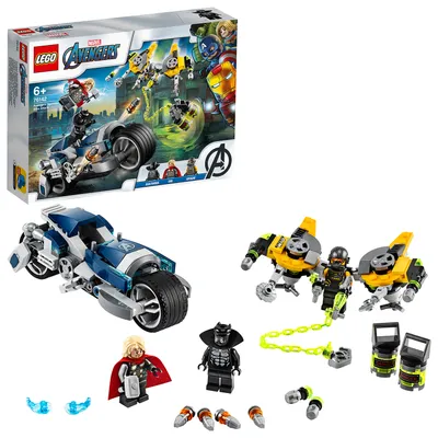 Produktbild von LEGO 76142 Marvel Avengers Speeder-Bike Attacke mit 3 Minifiguren und 226 Teilen, inkl. Black Panther, Thor und A.I.M. Agents, über 19 cm hoch, 22 cm breit, 17 cm tief, ab 6 Jahren