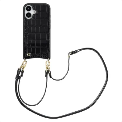 Zdjęcie produktu dla Etui na telefon Selencia Nova Croco ze sznurkiem i uchwytem na kartę do Apple iPhone 16 - czarny