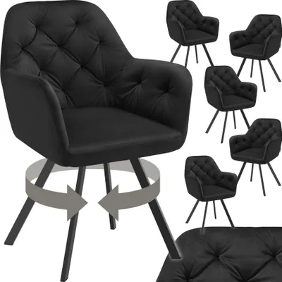 A black velvet armchair is shown from the front, with several other identical armchairs arranged in the background. Arrows indicate that the main chair can swivel.