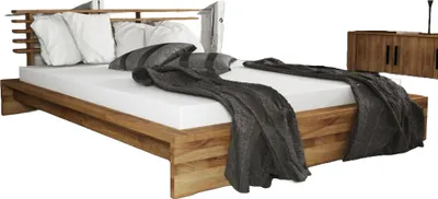 Produktbild von Bett Lubic 1 aus Wildeiche massiv 160x200 mit Sprossenkopfteil u. Holzfußgestell