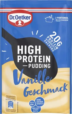 A product package for Oetker High Protein Pudding in Vanilla flavor.