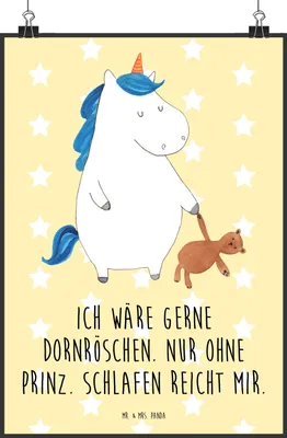 Produktbild von Mr. & Mrs. Panda Bild Einhorn Teddy DIN A2 - Gelb Pastell - Geschenk, schlafen, Bett, Gute Nacht, drucke, Unicorn, Freundin, Plakat, Einhörner, wanddeko, Wandbild