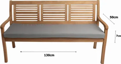 A wooden garden bench with a gray cushion, showing dimensions.