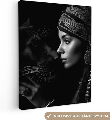 Obrázek produktu pro OneMillionCanvasses® - Plátna - Žena - Panter - Luxusní - Černá - Bílá - Zvíře, Nástěnné umění, Nástěnné dekorace Obývací pokoj, 60x80cm