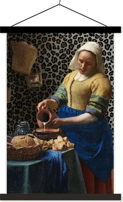 Produktbild von MuchoWow® Textilposter Milchmädchen - Kunst - Pantherdruck - Vermeer - Gemälde - Alte Meister 40x60 cm mit schwarzem Rahmen - Wanddekorationen