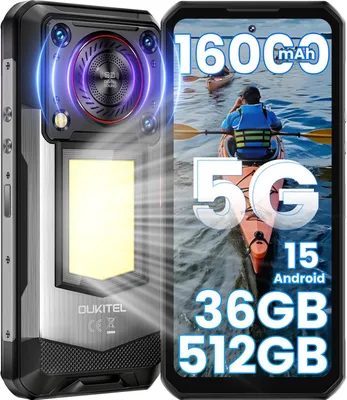 OUKITEL WP56 Android 15 Outdoor Handy 5G 120Hz 6.8" 36GB+512GB/2TB, 16000mAh Outdoor Smartphone Mit 128DB Lautsprecher, 108MP/NFC/GPS/OTG,Schwarz
