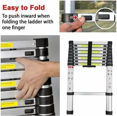 A collage of images showing a telescopic ladder, including close-ups of its folding mechanism and a full view of the ladder.
