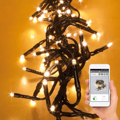 A hand holding a smartphone displaying an app interface, with a string of warm white Christmas lights in the background.