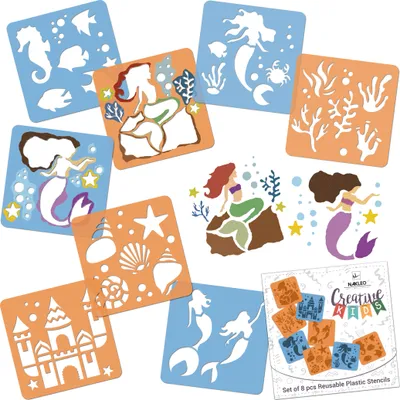 Produktbild von Schablonen Malen für Kinder, 8 Stück Set 15x15 cm Meerjungfrau Mermaid, Kinder Kreatives Zeichenschablonen, Kunststoff Wiederverwendbar Malschablone