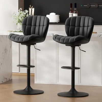 Obrázek produktu pro Sada dvou barových stoliček, výškově nastavitelné, potažené umělou kůží, otočné o 360°, s opěradlem a podnožkou, barva černá