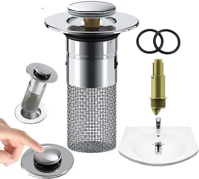 Immagine prodotto di Tappo per scarico in acciaio inossidabile con nucleo in plastica e filtro, a scomparsa, universale da 34–40 mm, per cucina e bagno