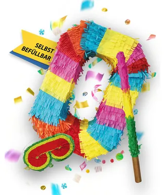 Produktbild von Pinata Zahl 0 Set mit Stab und Augenmaske für Kinder-Geburtstag Schlag-Spiel 50 x 35 x 8cm Dekoration Geburtstagsdeko