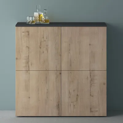 Produktbild von Mai & Mai Möbel Kommode Aufbewahrungsschrank mit 4 Türenin Weiß matt + Kerneiche Sideboard Schrank Mehrzweckschrank BTH: 100x36,4x98cm Schrank04