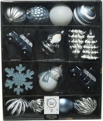 Produktbild von Weihnachtskugeln Kunststoff mit Figuren 8cm blau / silber, 25er Set