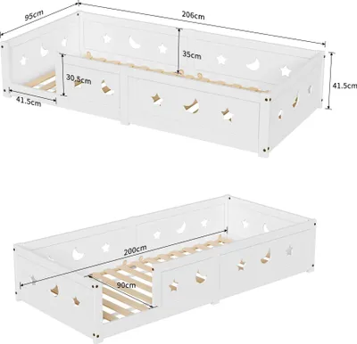 Image de Lit d'enfant Montessori - Lit à cadre en bois avec porte - 90x200 cm - Avec barrière de sécurité - Avec sommier à lattes - Motifs lune et étoiles - Blanc