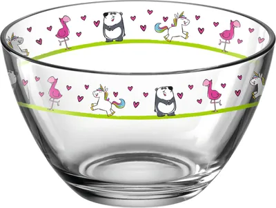 Produktbild von Leonardo Bambini Glas-Schalen 6er Set, Kinder-Schälchen aus Glas mit Tier-Motiven, Flamingo, Einhorn, Panda, spülmaschinengeeignete Schüsseln, Ø 12 cm, bunt, 400 ml, 017888