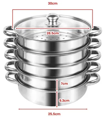 Image de Cuiseur vapeur - Ensemble de 5 niveaux empilables - Acier inoxydable - Couvercle en verre - Compatible avec les plaques de cuisson à induction, gaz et électriques