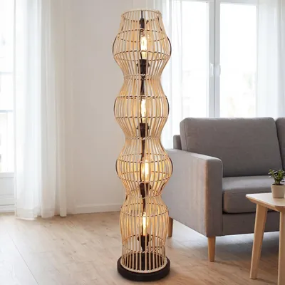 Produktbild von Bodenleuchte Korbschirm 111 cm Bambus für 4x E27 Boho niedrige Stehlampe Wohnzimmer
