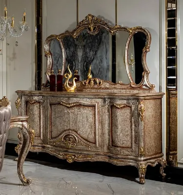Produktbild von Casa Padrino Luxus Barock Möbel Set Antik Silber / Braun / Gold - 1 Sideboard mit 4 Türen & 1 Spiegel - Handgefertigte Möbel im Barockstil