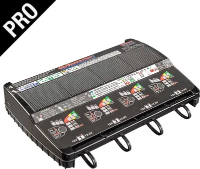 Imagen del producto de Cargador de batería OptiMATE PRO-4 DUO para la Unión Europea, compatible con:- 4 baterías de 12V, 3Ah, tipo estándar, AGM o gel.- 4 baterías de 12.8V, 2Ah, tipo LiFePO4 (fosfato de hierro y litio)