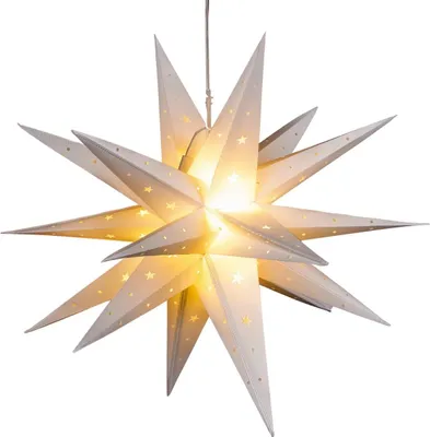 A white, star-shaped lantern with small cut-out stars, illuminated from within.