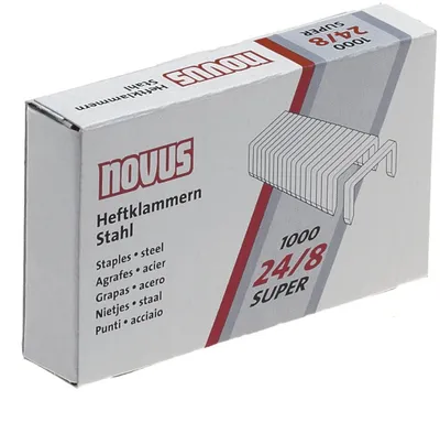 Produktbild von NOVUS Heftkalmmern 24/8 SUPER, Stahldraht, Kapazität 50 Blatt, Schenkellänge 8 mm, 1000er