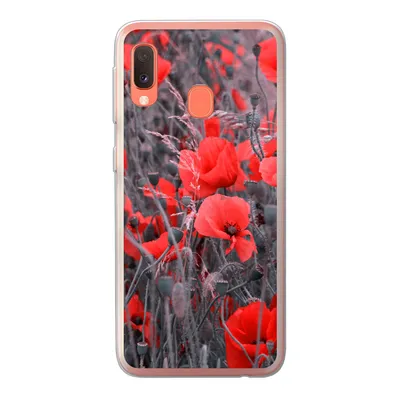 Produktbild von MuchoWow® Handyhülle Schutzhülle Hülle für Samsung Galaxy A20e Rote Mohnblumen in einem Schwarz-Weiß-Bild Silikon Softcase Handy Hülle - Abdeckung