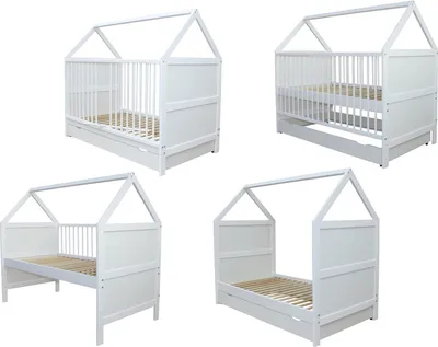 Produktbild von Babybett Kinderbett Juniorbett Bett Haus 140x70 cm umbaubar mit Schublade weiss