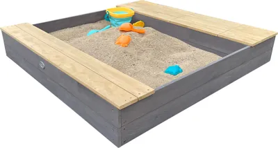 Produktbild von AXI Evy Sandkasten aus  Holz mit Sitzbank, Stauraum & Behältern für z.B. Wasser | Sandkasten in Grau & Braun inklusive Bodenplane & Abdeckplane |