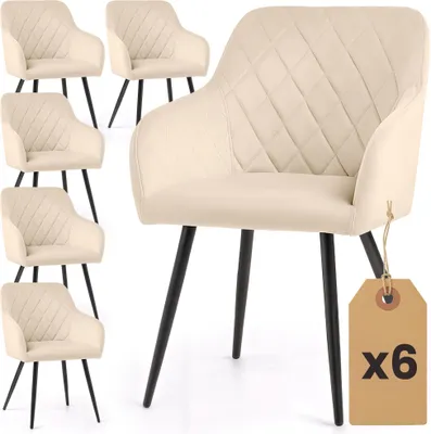 Produktbild von 6er Set Velours Esszimmerstühle mit Rautensteppung VELTO Beige mit schwarzen Beinen