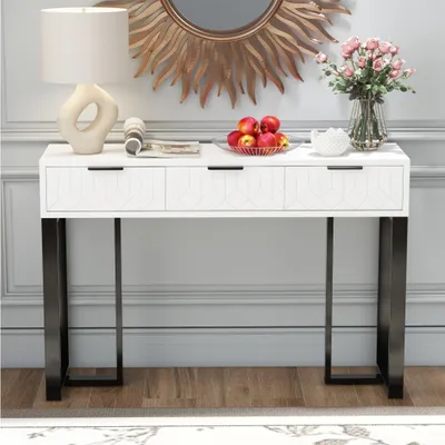 Produktbild von Beistelltisch - Konsolelement - Ablagetisch - Wandtisch - Seitentisch - Modernes, weißes Design - Metallrahmen mit Schubladen