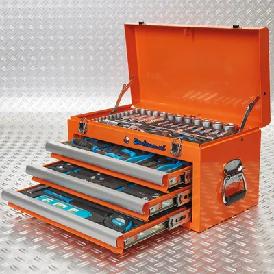 Produktbild von Werkzeugkiste mit drei Schubladen - 4 Fächer bestückt - orange