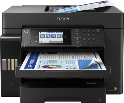 A black Epson EcoTank ET-16650 printer is shown from the front, with a document being printed and another document in the paper feeder.