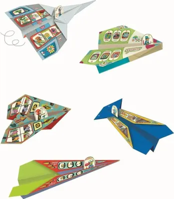 A collage of several origami paper airplanes, each decorated with colorful illustrations.