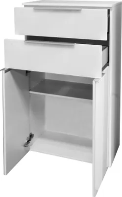 Produktbild von FACKELMANN Doppel-Midischrank KARA / Badschrank mit Soft-Close-System / Maße (B x H x T): ca. 61 x 107 x 32 cm / mit Schubladen und Türen / Korpus: Weiß matt / Front: lackiertes Glas in Weiß