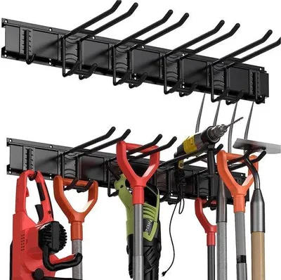 Image de Unyqoos® : Support mural pour outils – Organisateur pour garage et jardin, 2 rails de 40 cm, 6 crochets (4 doubles/2 simples), acier au carbone, réglable, capacité de charge de 45/35 kg