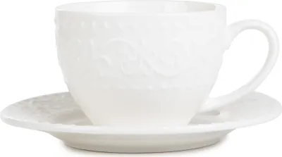 Produktbild von Kaffeetasse Teetasse Becher Kaffeebecher Teebecher Trinkbecher SYLIA weiß mit Ornament 0,09 l HOMLA