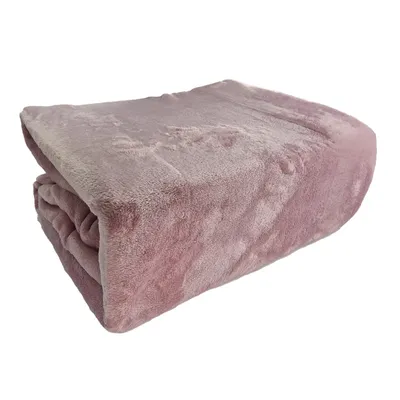 A folded pink blanket on a white background.
