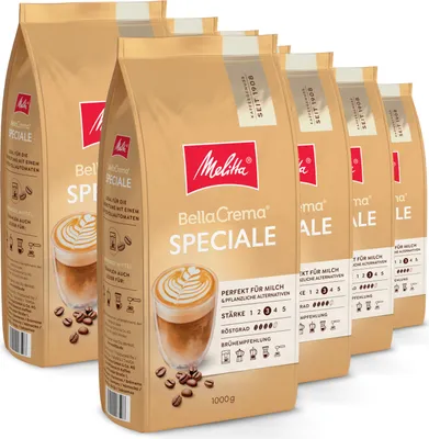 A row of Melitta BellaCrema Speciale coffee bean bags.