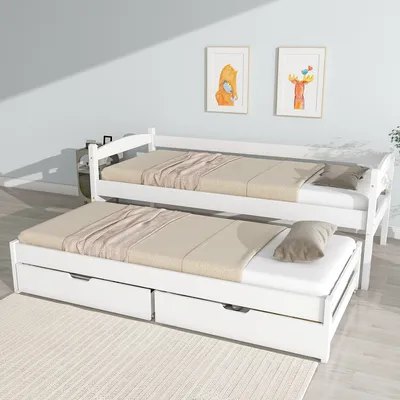 Produktbild von MODFU 200x90cm/190x90cm Kinderbett Doppelbett Jugendbett mit 2 MDF-Schubladen,Schiebebett mit Rollen,Massivholzrahmen,Weiß