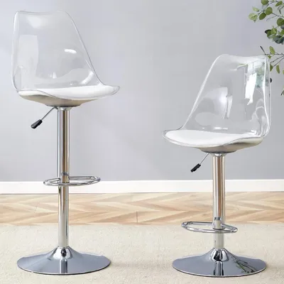 Image de Lot de 2 tabourets de bar réglables en hauteur de 60 à 80 cm, pivotants à 360°. Dossier transparent et assise en cuir PU, pieds métalliques argentés – Modernes et stables