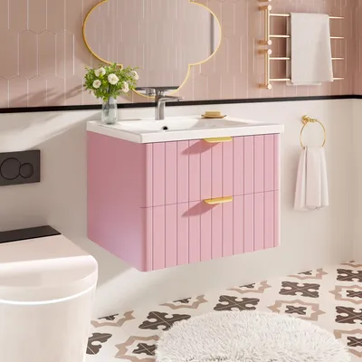 Image de OKWISH Meuble Vasque Suspendu avec Lavabo en Céramique Anti-Salissure et 2 Tiroirs - en MDF - 60,5x47,5x47 cm - Rose