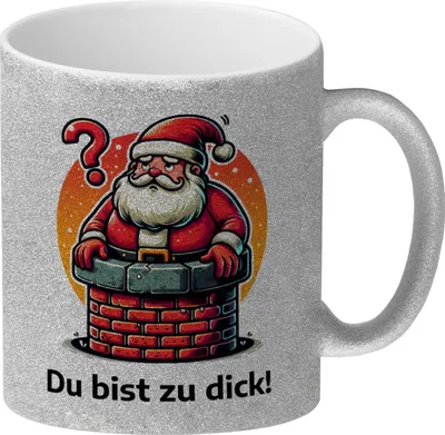 Produktbild von Weihnachtsmann Kamin Glitzer-Kaffeebecher und Spruch Du bist zu dick!