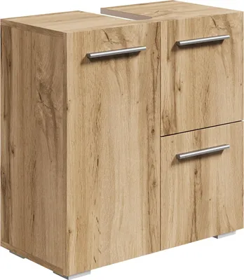 A bathroom vanity cabinet with a wood grain finish and silver handles.
