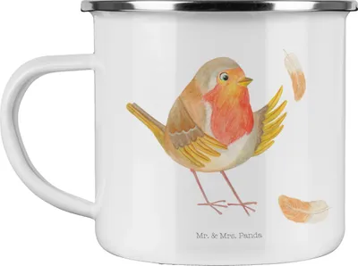Produktbild von Mr. & Mrs. Panda Teetasse Rotkehlchen Federn - Weiß - Geschenk, Vogel, Motivtasse, Haferl, fliegen, Lustige Sprüche, Emaille Tasse, Motivation, Pott, Teebecher, Spruch