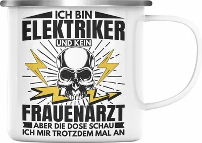 Produktbild von Trendation - Elektriker Emaille Tasse Geschenk Elektromeister Lustiger Spruch Männer Geschenkidee Ich Bin Elektriker Kein Frauenarzt (Silber)