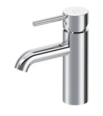 A chrome-finished bathroom faucet on a white background.