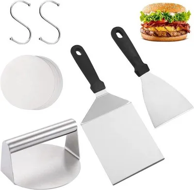 Image de Kit professionnel pour hamburgers - en acier inoxydable - 5 pièces - accessoires pour barbecue