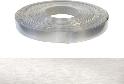 A roll of metallic edge banding tape with a brushed aluminum finish.